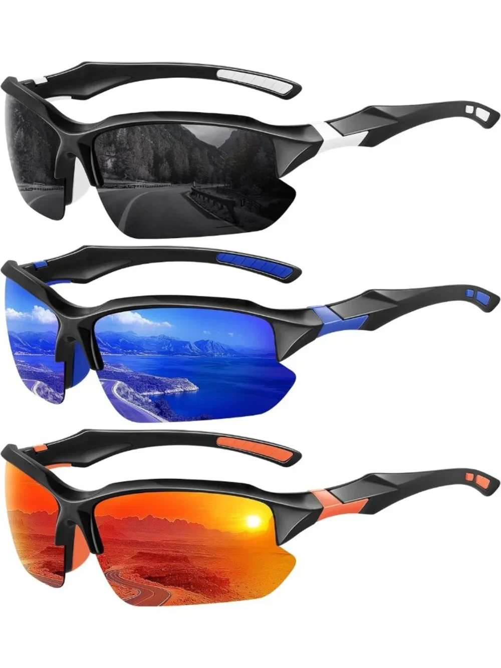 3 Pack Polarized Sports Sunglasses for Men - UV Protection, Half Frame
